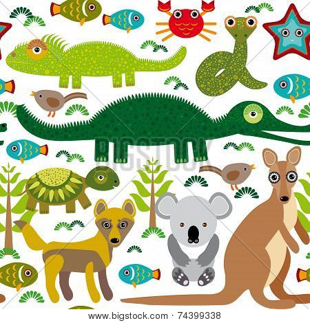 Animals Australia: Snake, Turtle, Crocodile, Alligator, Kangaroo, Dingo. Seamless Pattern On A White
