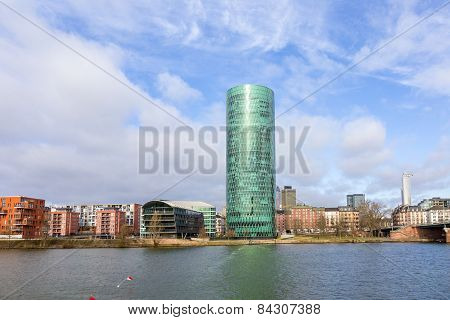 Westhafen Tower In The Harbor Area In Frankfurt At River Main