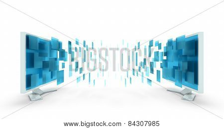 3d render of monitor, abstract date transfering
