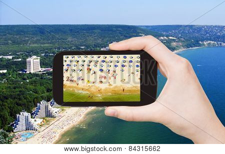 Tourist Taking Photo Of Albena Sand Beaches