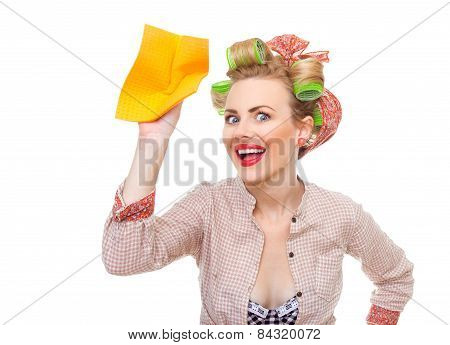 Funny Young Surprised Housewife Holding Rag / Wipe, Isolated On White. Pin-up Girl