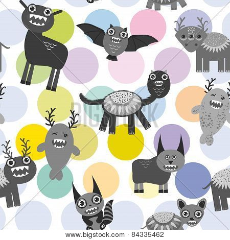 Cute Cartoon Monsters Set.  Seamless Pattern On White Background. Vector