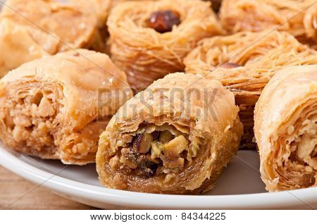 Eastern dessert baklawa with pistachio nuts