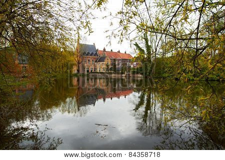 Lake of Love with medieval castle in Bruges, Belgium