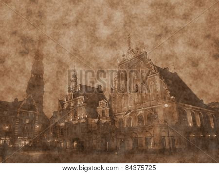 Famous House of Blackheads on the Town Square in Riga with a Church of St. Peter in the back. Latvia