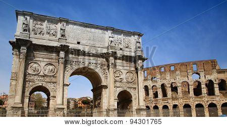 Arco De Constantino And Colosseum In Rome, Italy