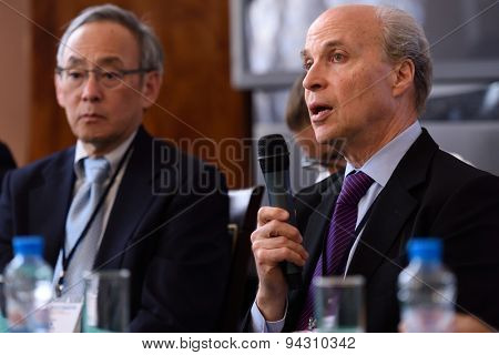 ST. PETERSBURG, RUSSIA - JUNE 22, 2015: Nobel Prize Laureates Roger Kornberg (right) and Steven Chu during Saint Petersburg scientific forum 