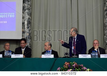ST. PETERSBURG, RUSSIA - JUNE 22, 2015: Zhores Alferov and other scientists on the St. Petersburg scientific forum 