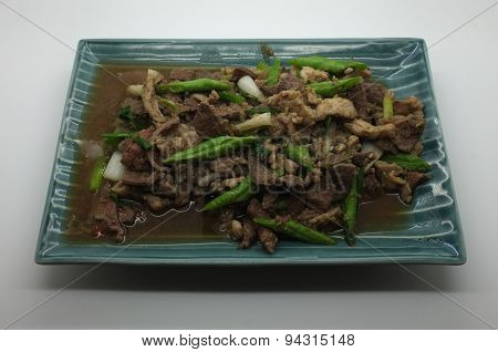 Stir fried pork liver with yard long bean, thai food