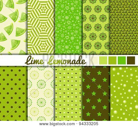 Set of 10 simple seamless patterns. 'Lime Lemonade' color palette.
