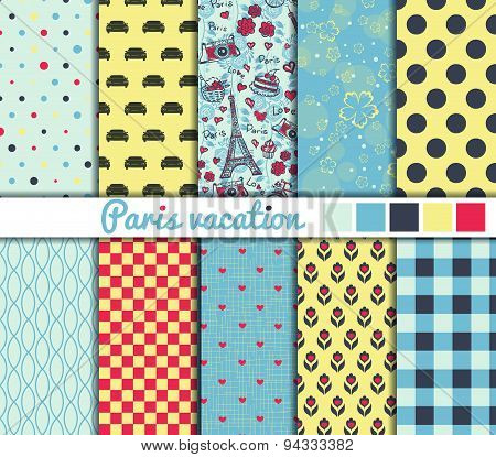 Set of 10 simple seamless patterns. 'Paris vacation' color palette.