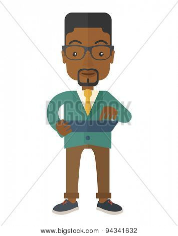 A mid adult male engineer holding a blueprint. A Contemporary style. Vector flat design illustration isolated white background. Vertical layout.