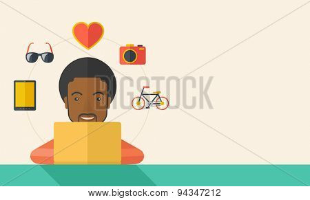 An african man making a purchase using laptop with internet in online shopping with promo discount. A Contemporary style with pastel palette, soft beige tinted background. Vector flat design