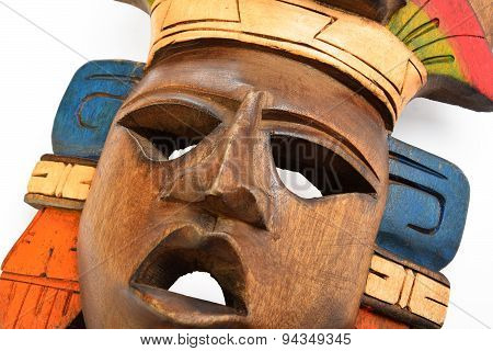 Indian Mayan Aztec Wooden Painted Mask With Roaring Jaguar And Human Profiles Isolated On White Back