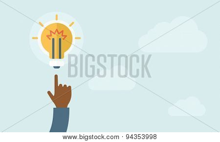 A finger pointer and light bulb. Idea concept. A Contemporary style with pastel palette, soft blue tinted background with desaturated clods. Vector flat design illustration. Horizontal layout.