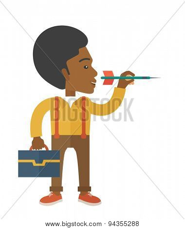 A black man holding a target arrow looking for the target pad for him to achieve his goal A contemporary style. Vector flat design illustration with isolated white background. Vertical layout.