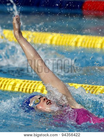 BARCELONA - JUNE 10: British swimmer Hannah Miley swimming backstroke during the Trophy Ciutat de Barcelona in Sant Andreu Club on June 10 2015 in Barcelona, Spain