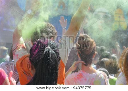 Holi. Festival of colors at stadium Kirovets in St. Petersburg, Russia 12-14 June, 2015. Young peopl
