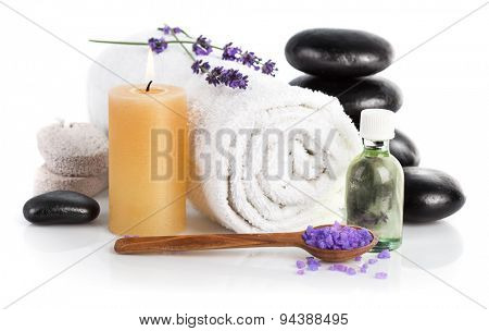 Spa still life with lavender saltl isolated on white background
