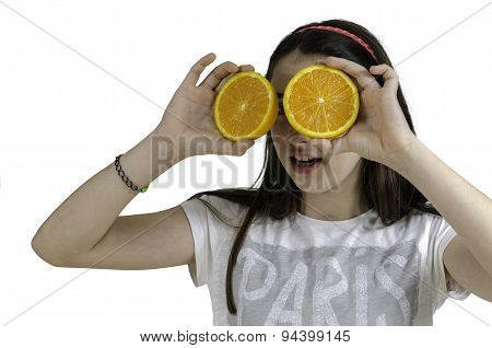 Girl With Oranges In Her Eyes White Background.
