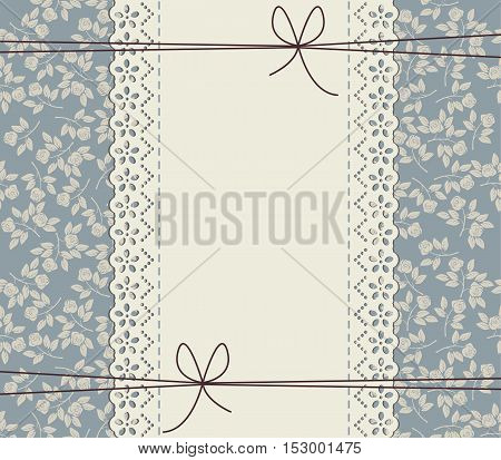 Stylish lace frame with roses and leaves can be used for wedding invitations, greeting cards, baby shower cards and more creative designs.