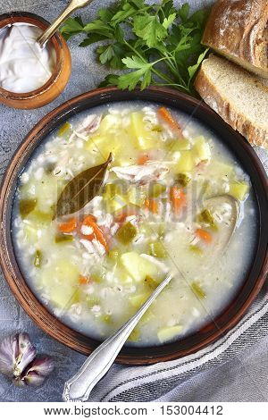 Rassolnik - Traditional Russian Soup With Pickled Cucumber And Chicken.top View.
