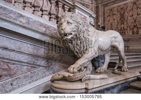 Caserta Italy - August 29 2016: Marble lion at the Grand Staircase - the symbol of the Royal Palace of Caserta