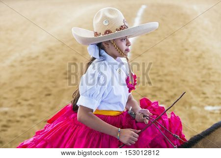 GUADALAJARA MEXICO - SEP 01 : Charra participates at the 23rd International Mariachi & Charros festival in Guadalajara Mexico on September 01 2016.