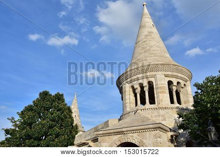 Characteristic conic towers of Fisherman's Bastion in Budapest a panoramic terrace built in romanesque style at the end of 19th century