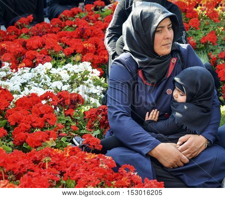 Istanbul Turkey - October 11 2016: Ashura marks Children Worldwide. Turkish Shia Muslims mourning for Imam Hussain. Caferis take part in a mourning procession marking the day of Ashura in Istanbul's Kucukcekmece district Turkey on October 11 2016.
