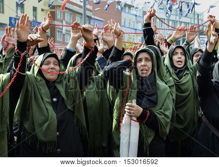 Istanbul Turkey - October 11 2016: Muslims worldwide marks Ashura Istanbul Shiite community. Turkish Shia Muslims mourning for Imam Hussain. 