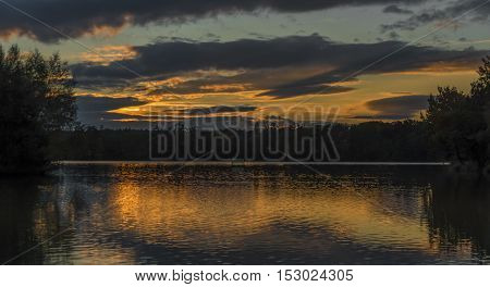 Nadeje Pond After Sunset In Autumn Time Near Bavorovice Village