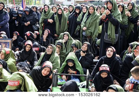 Istanbul Turkey - October 11 2016: Muslims worldwide marks Ashura Istanbul Shiite community. Turkish Shia Muslims mourning for Imam Hussain. 