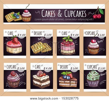 Cafeteria and patisserie menu design template. Cupcakes, cakes and sweet desserts sketch icons with prices for pastry shop menu