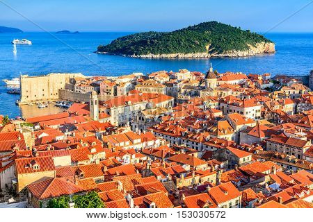 Dubrovnik Croatia. Sunset golden light over Old Town roofs of Ragusa (Duvrovnik).