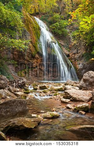 Beautiful autumn landscape with waterfall Dzur-Dzur in Crimea