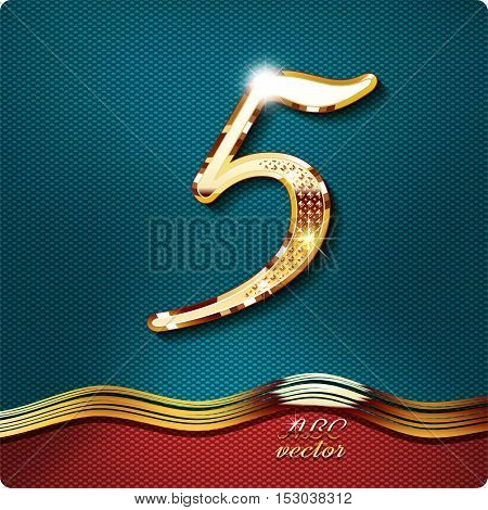 Golden stylish Inlaid figure is 5, with shadow and glare. vector digit five