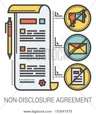Non-disclosure agreement infographic metaphor with line icons. Non-disclosure project agreement concept for website and infographics. Vector line art icon isolated on white background.