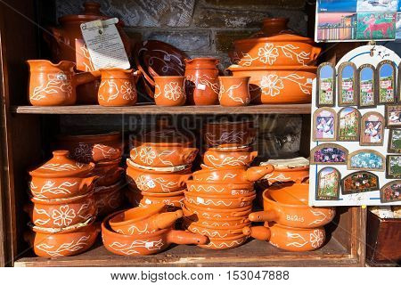 Makrinitsa, Greece - October 11, 2016: Different souvenirs in greek gift shop in Greece