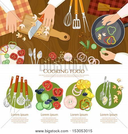 Creative cooking chef cooks preparing food top view cook hands on the kitchen table vector illustration