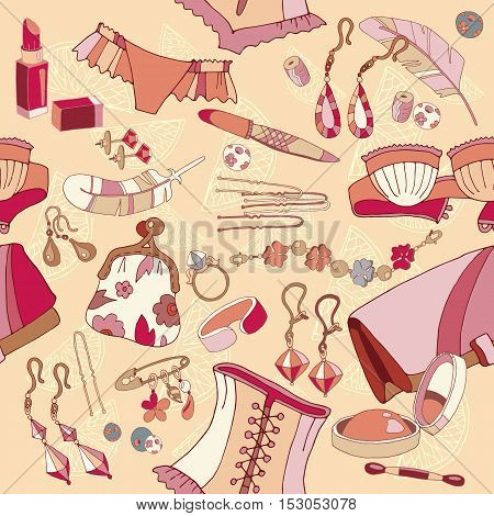Woman accessories seamless pattern fashion background underwear cosmetics jewelry hand drawn vector