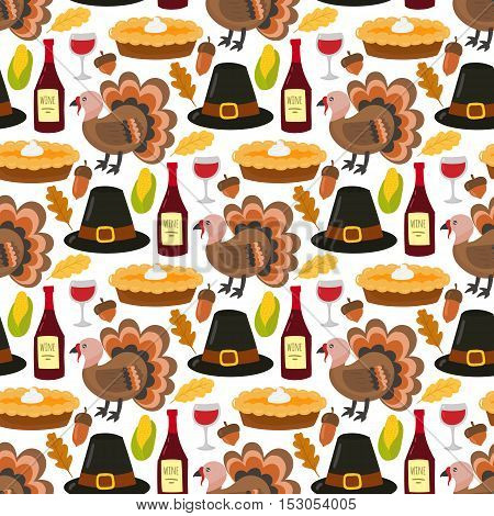 Happy thanksgiving day seamless pattern card design with holiday objects. Fresh food harvest autumn season thanksgiving day vector set. Traditional seasonal nature vegetable thanksgivin