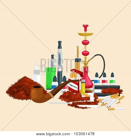Smoking tobacco decorative icons set with cigarettes hookah cigars alcohol lighter on brown background isolated vector illustration