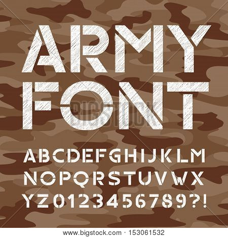 Army alphabet font. Distressed type letters and numbers on camo background. Vector typeface for your design.