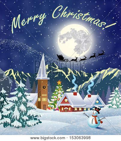 Christmas landscape with christmas tree and snowman with gifbox. background with moon and the silhouette of Santa Claus flying on a sleigh. concept for greeting or postal card, vector illustration