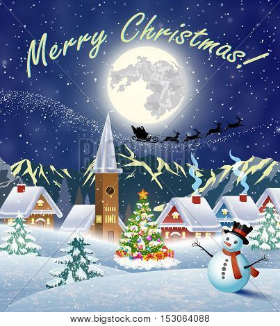 Christmas landscape with christmas tree and snowman with gifbox. background with moon and the silhouette of Santa Claus flying on a sleigh. concept for greeting or postal card, vector illustration
