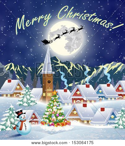 Christmas landscape with christmas tree and snowman with gifbox. background with moon and the silhouette of Santa Claus flying on a sleigh. concept for greeting or postal card, vector illustration