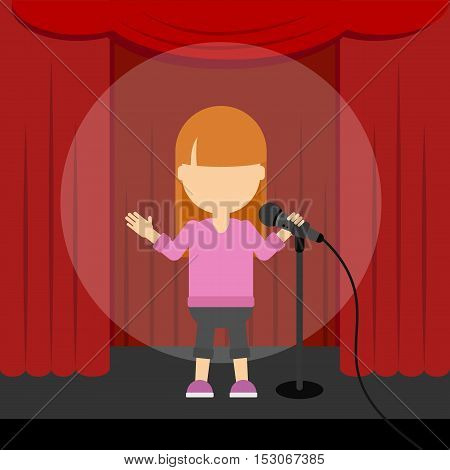Stand up comedy. Female presenter and comedian standing at the scene with red curtains and spotlight.