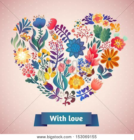 Love card with floral bouquet.  Cute retro flowers arranged un a shape of the heart, perfect for wedding invitations ans birthday designs