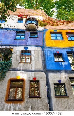 Vienna, Austria - October 14, 2016: Facade Of Huntdertwarsser House In Vienna. The Hundertwasser Hou